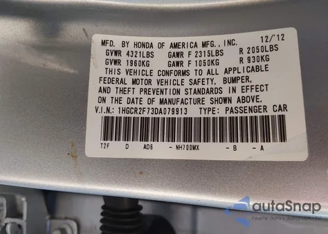 2013 Honda Accord Ex z USA, uszkodzony, nr VIN 1HGCR2F73DA079913